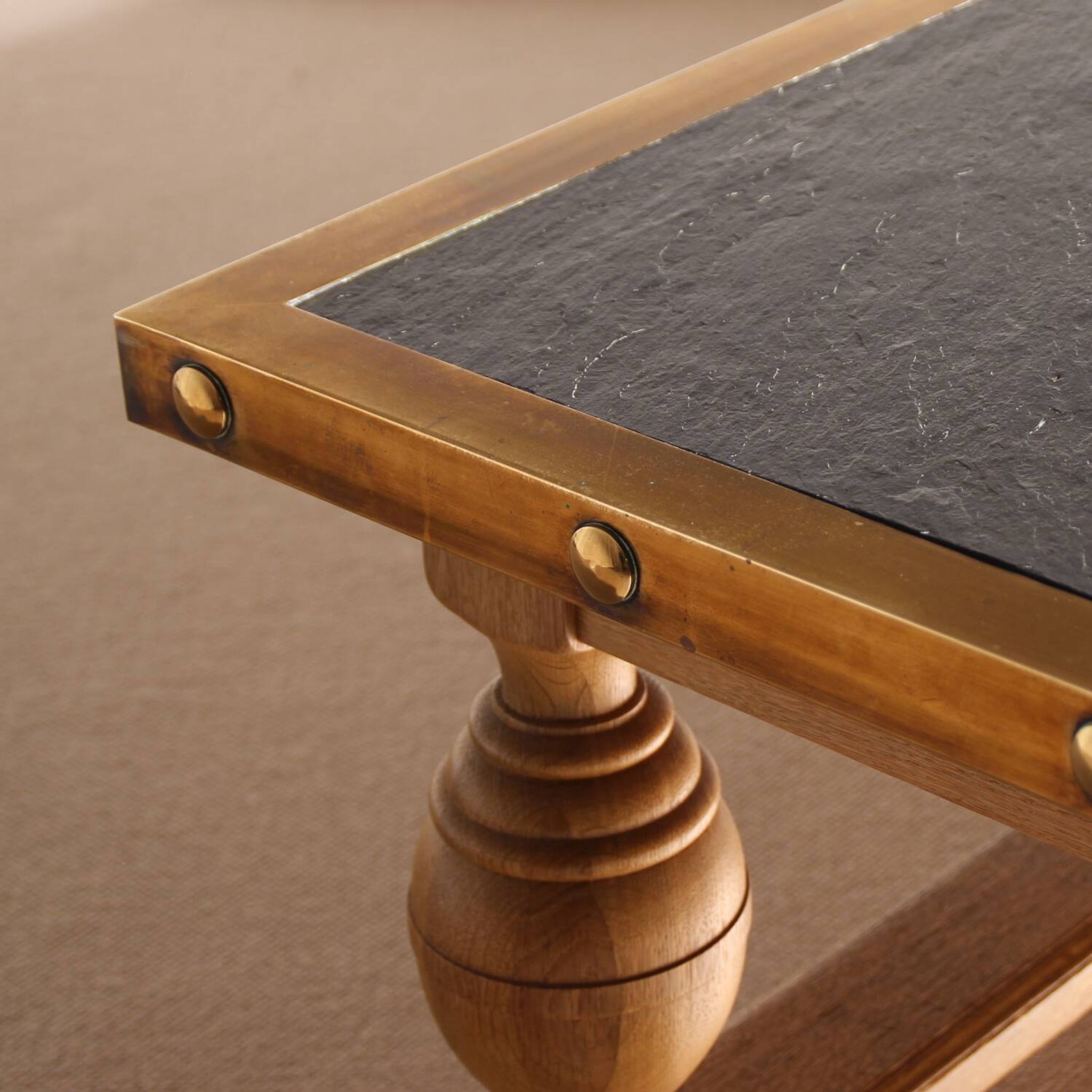 Rustic Coffee Table in Slate, Brass and Solid Oak | Germany 1970s