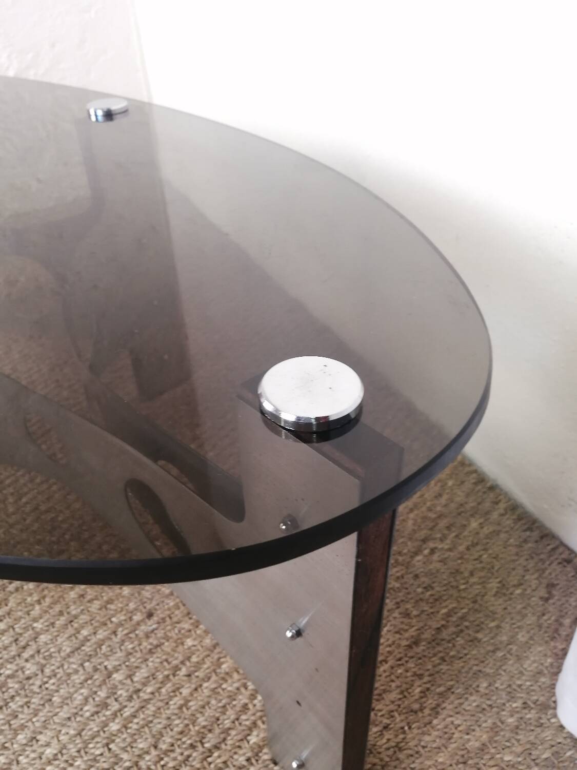 Vintage design coffee table in brushed aluminum and glass top.