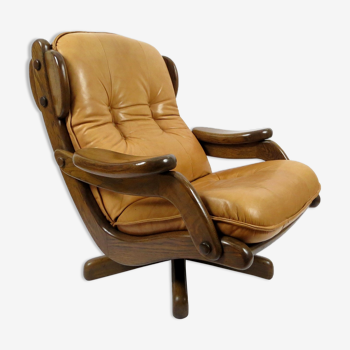 Oak and leather brutalist lounge chair, 1970s