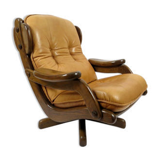 Oak and leather brutalist lounge chair, 1970s