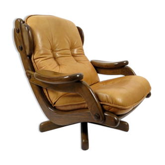 Fauteuil brutaliste en chêne et cuir, années 1970