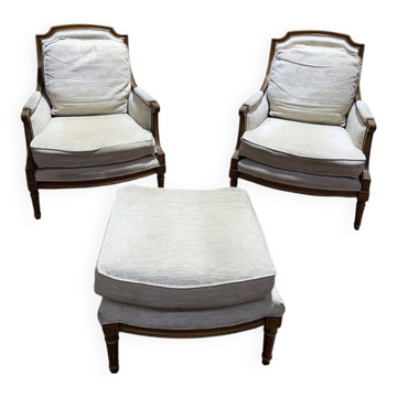 Pair of armchairs / bergères in beige Louis XVI style