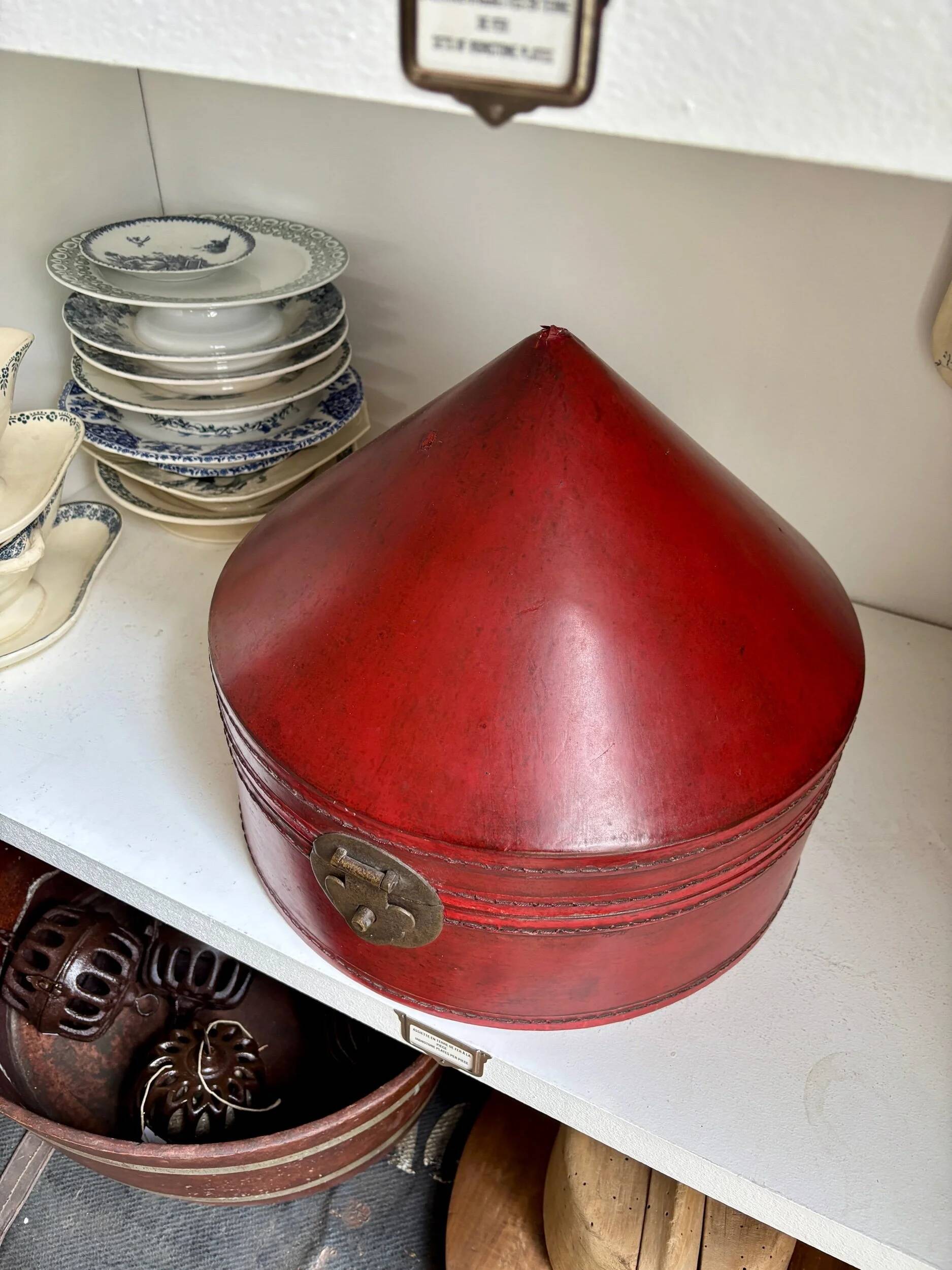 Red leather-covered hat box, China 19th century