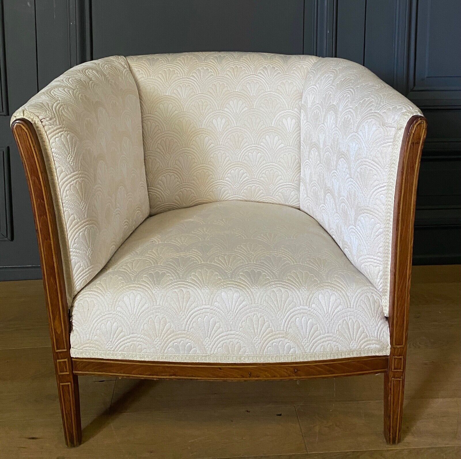 Armchair art deco 1930 marquetry fabric white cream foliage decoration