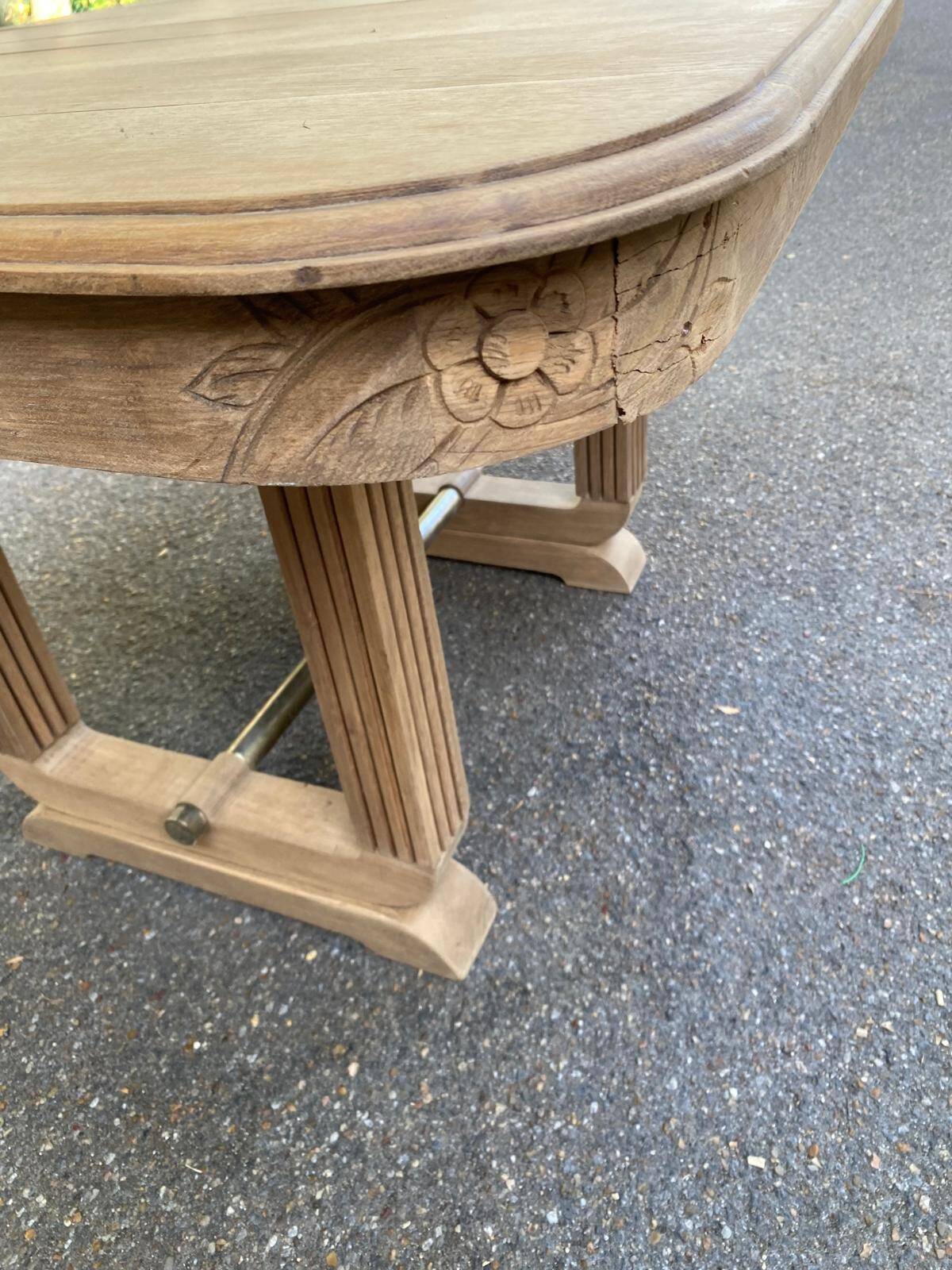 Rectangular Art Deco dining table with a central pedestal, stripped in solid oak.