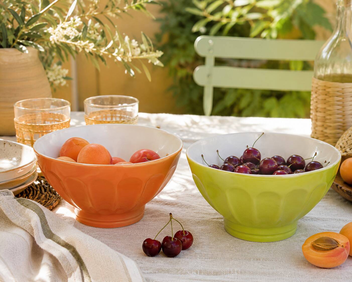 2 large vintage farm bowls in lime green and orange
