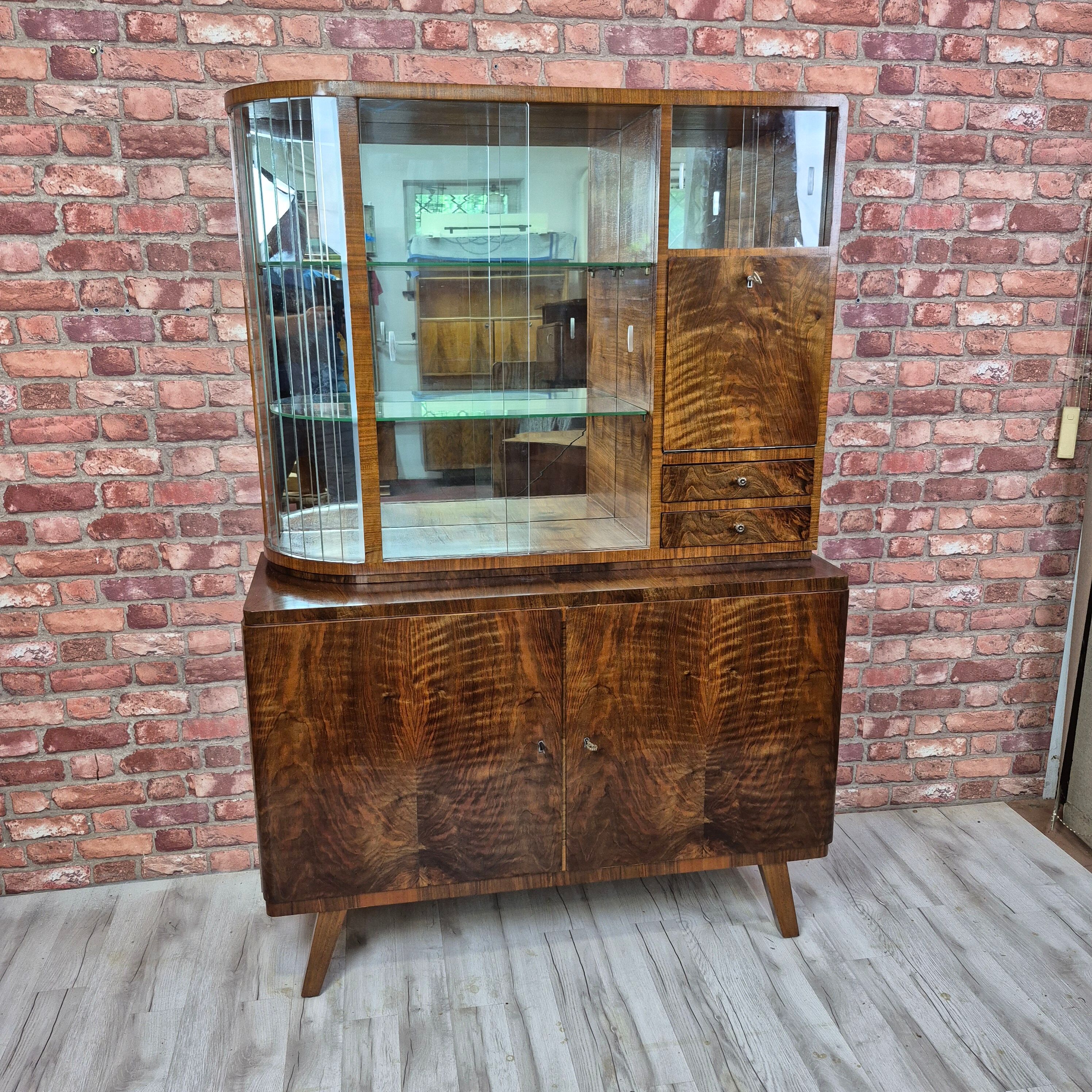 Restored 1960s Mid-Century Walnut Display Cabinet with Slatted Glass