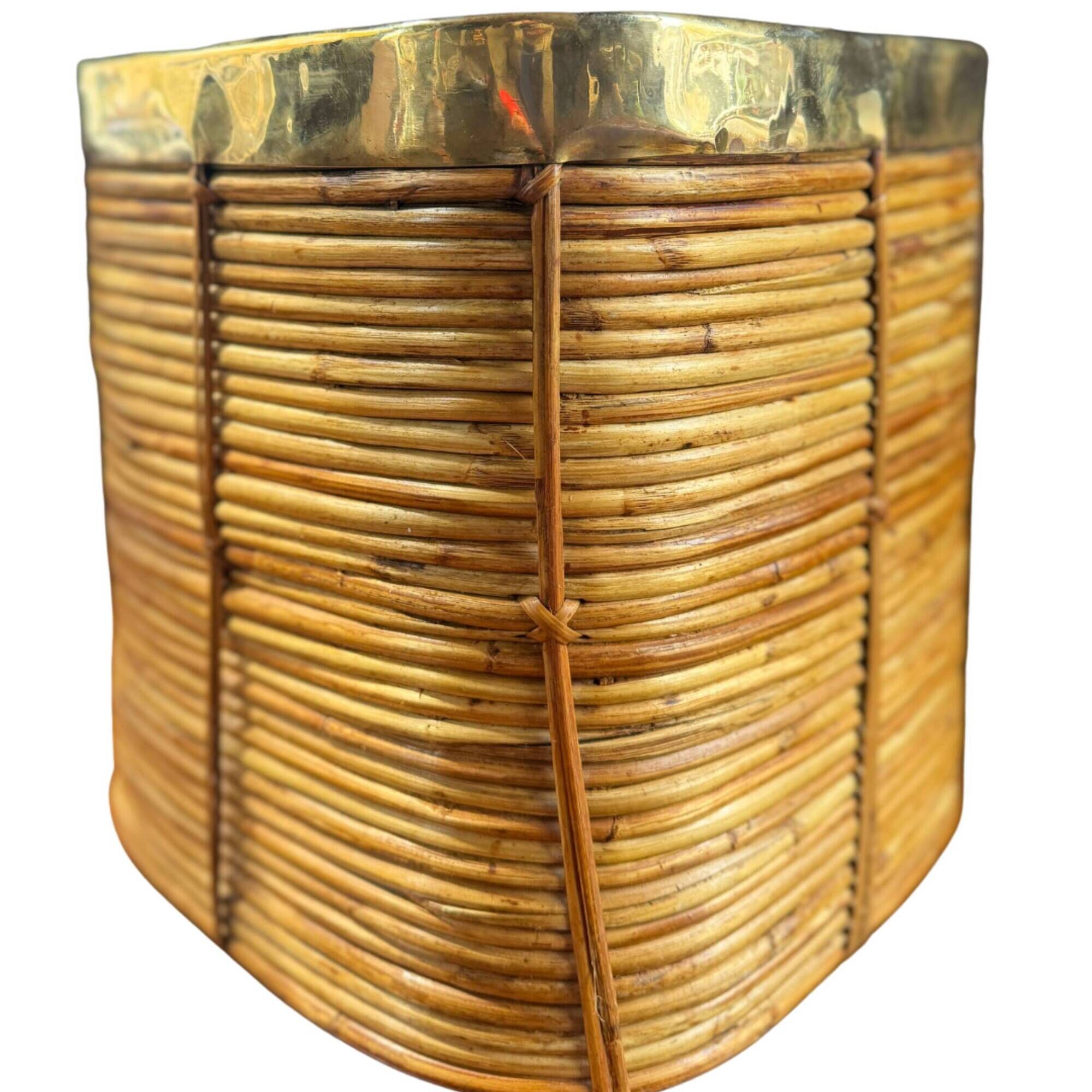 Rattan & Brass Wastepaper Basket | Italy 1970s