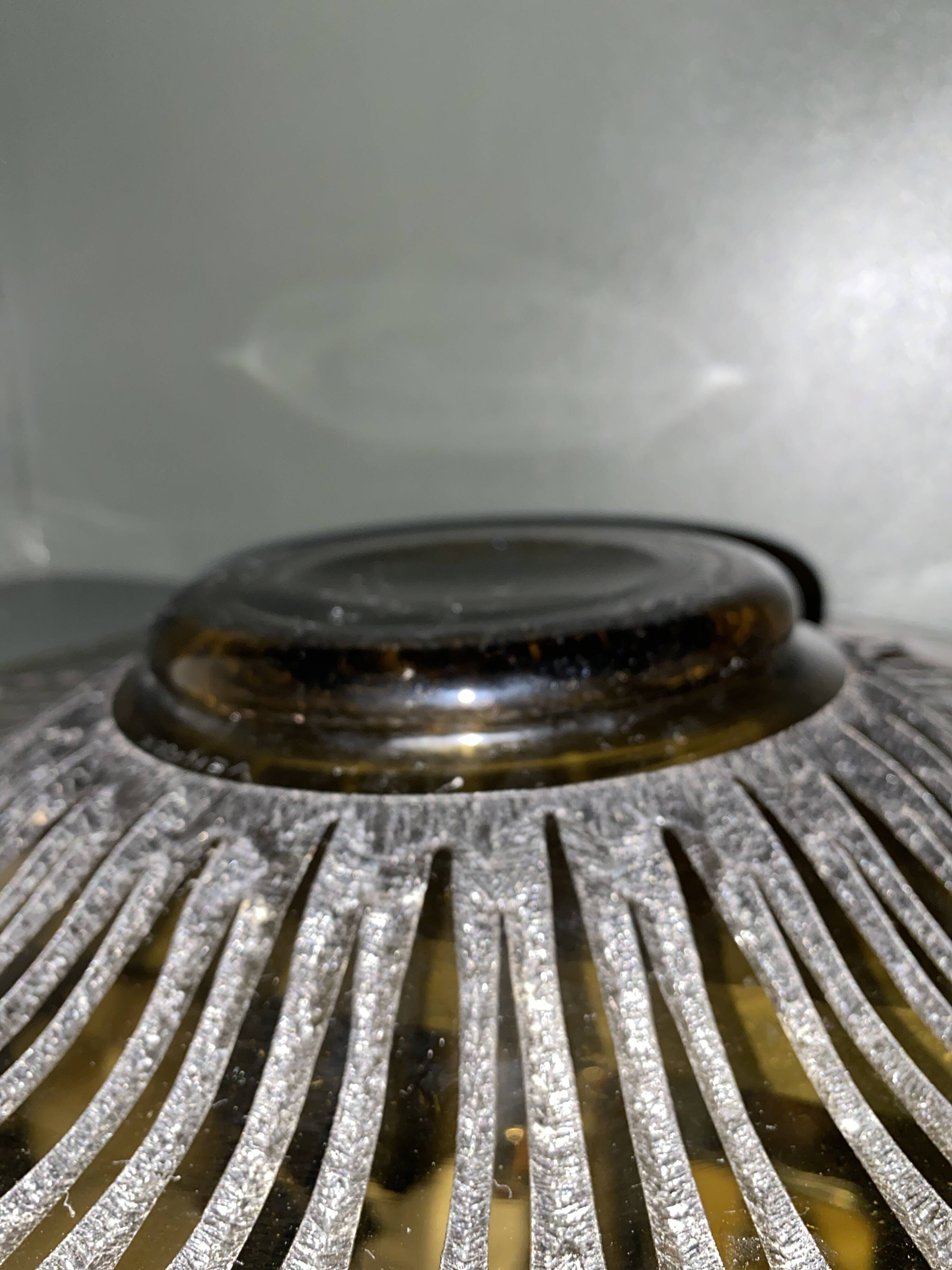 Old Verrex smoked glass fruit bowl, with a radius decoration cut into the glass