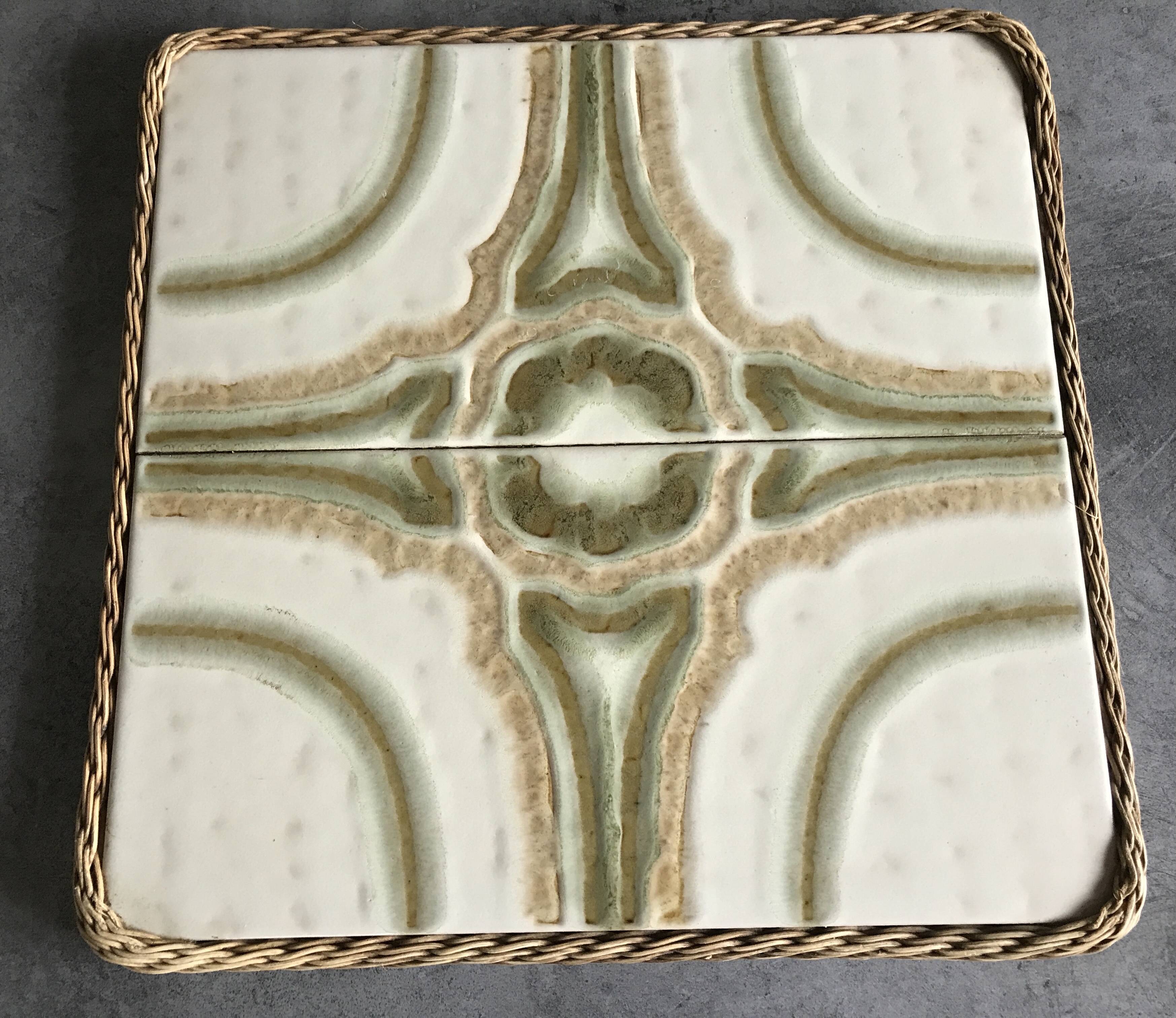Ceramic tile trivet with vintage pattern woven wicker outline