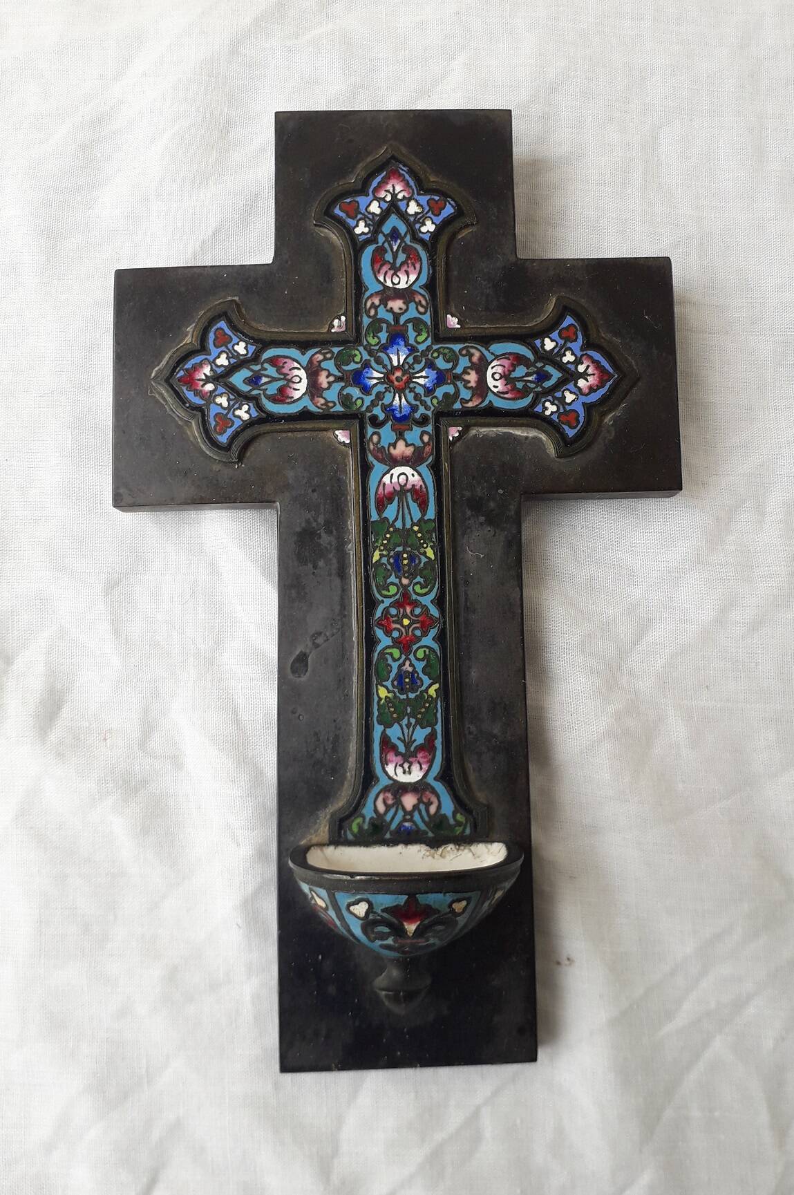 Cloisonné enamel cross holy water font