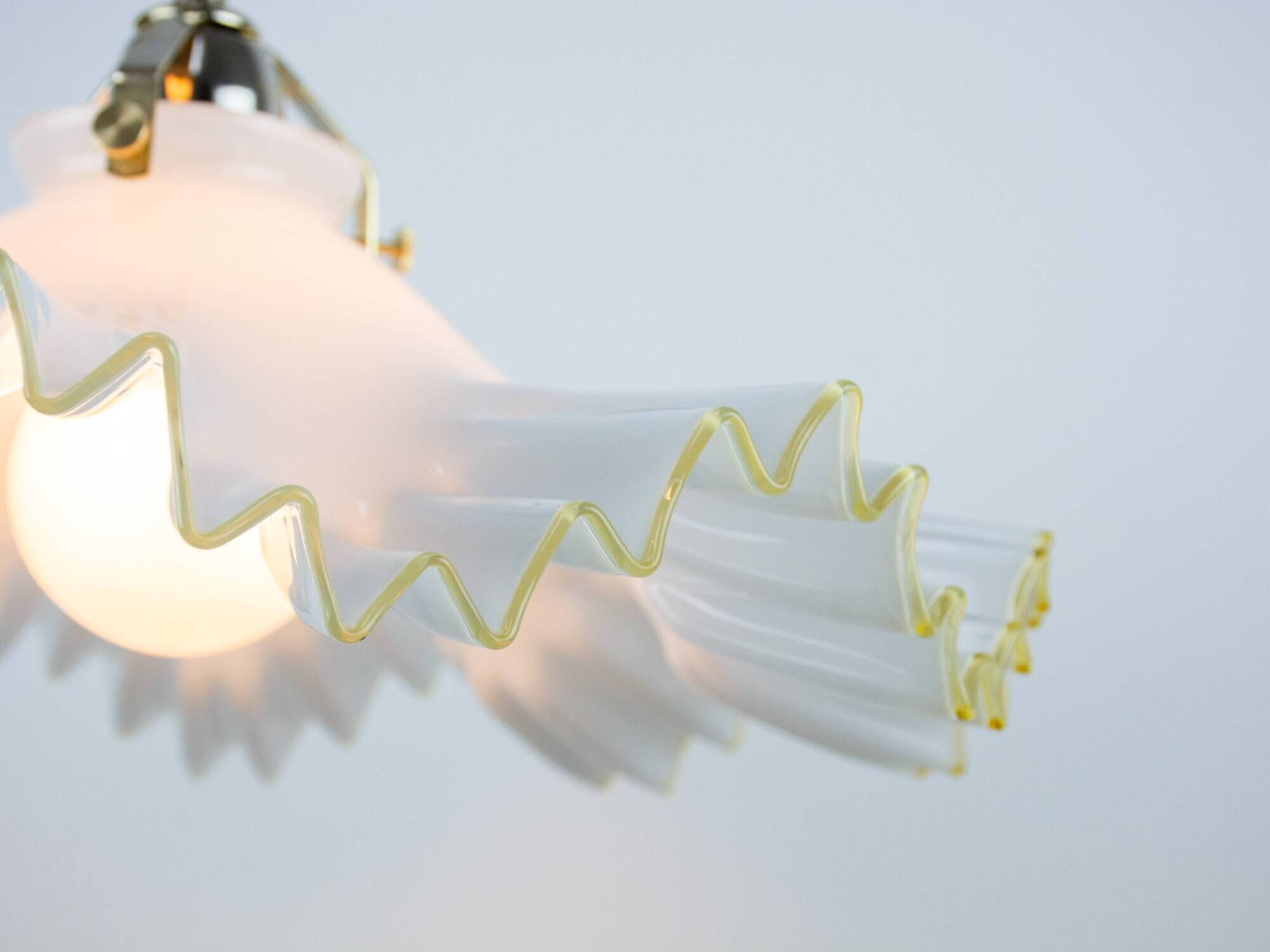 Murano Style White Ruffled Italian Hanging Glass Lamp From The 1970s