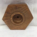 Handmade natural wood candle holder, hexagonal shape and its 3 old beeswax candles.