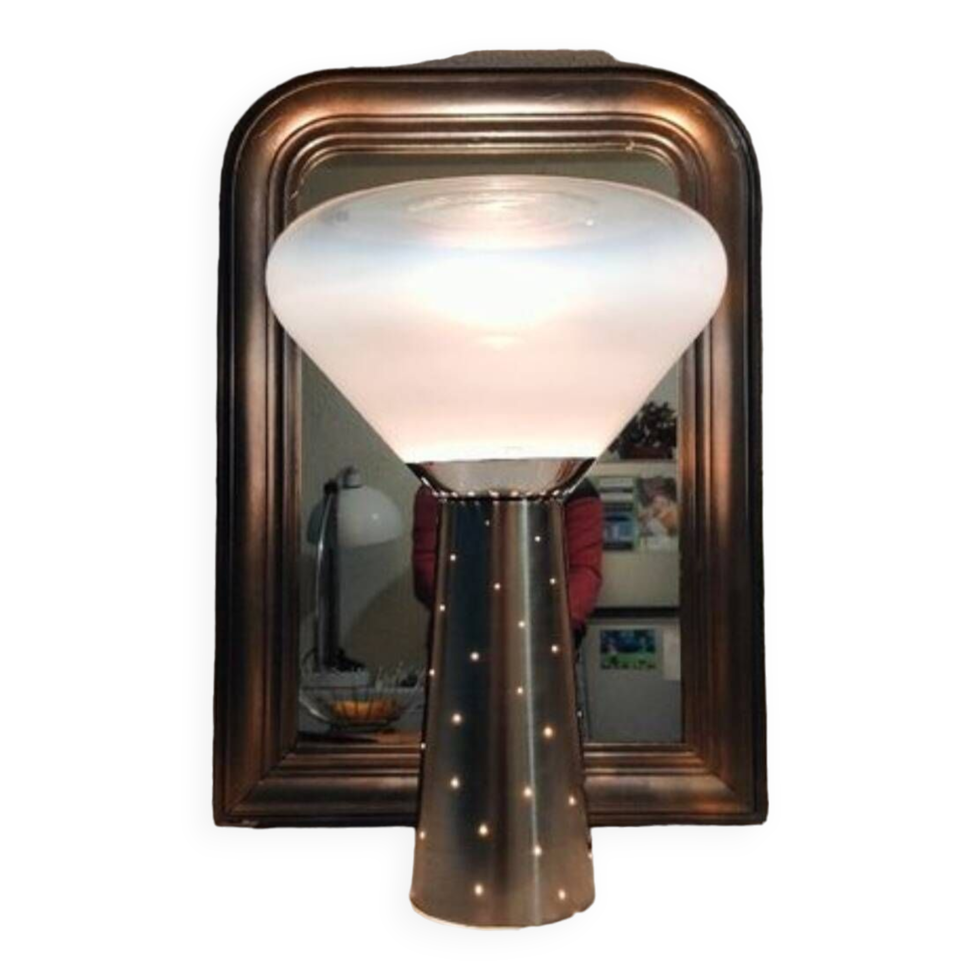 Lampe acier brossé vintage abat jour transparent blanc Italie  1970
