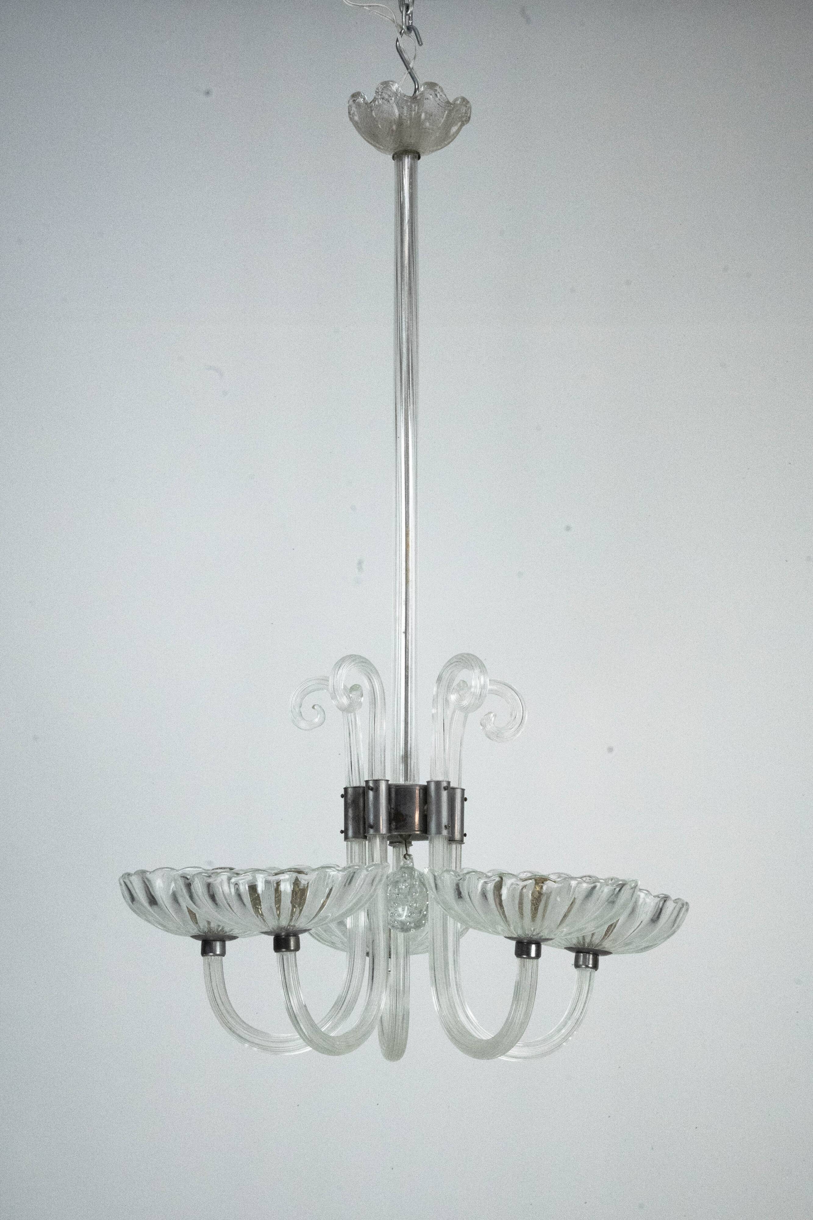 Rare Art Deco Italian Five-Arm Murano Glass Chandelier attributed to Seguso