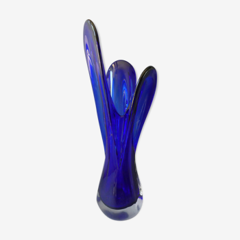 Vase trilobé en verre bleu Murano, années 70