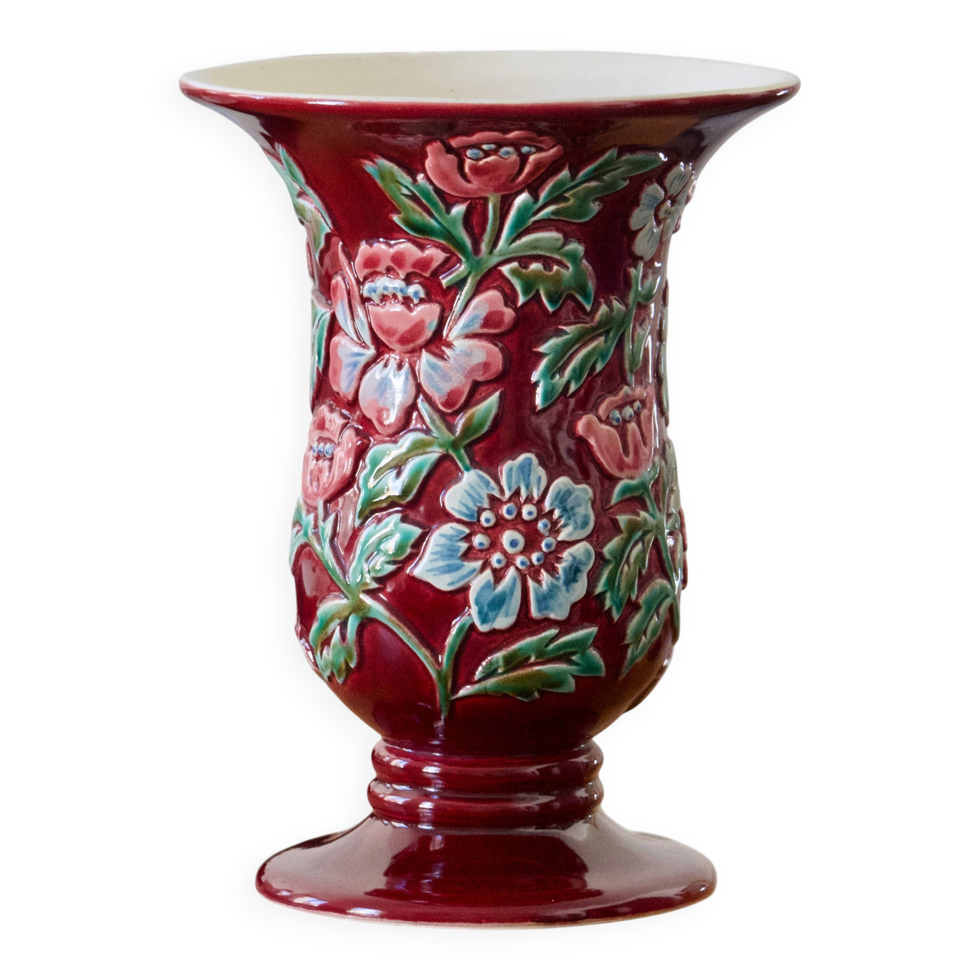 Vase signed CAB Art Ceramics of Bordeaux in floral slipware.