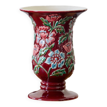 Vase signé CAB Céramique d'Art de Bordeaux en barbotine fleuri
