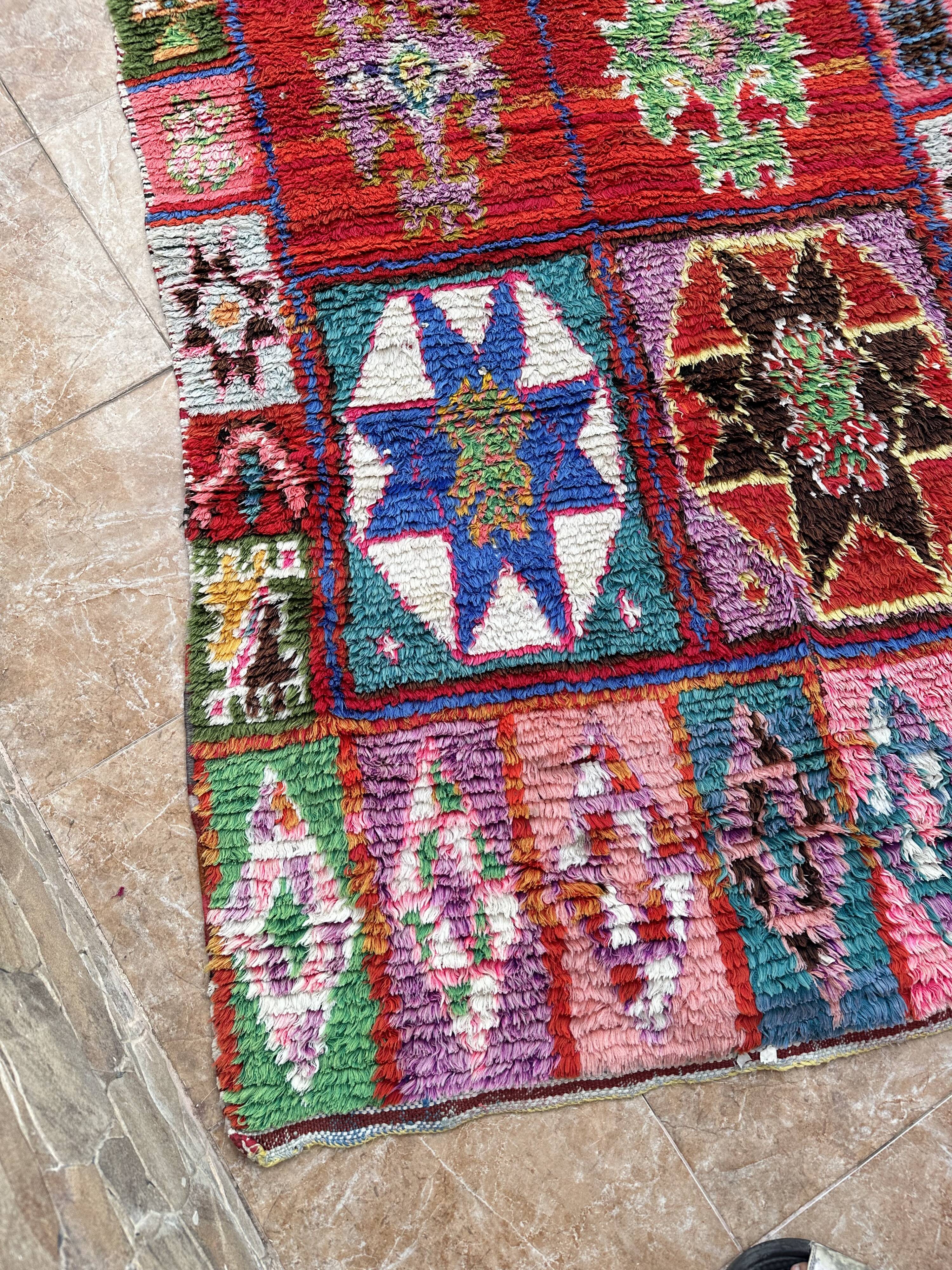 Vintage Boucherouite hallway rug: handwoven Berber rug.