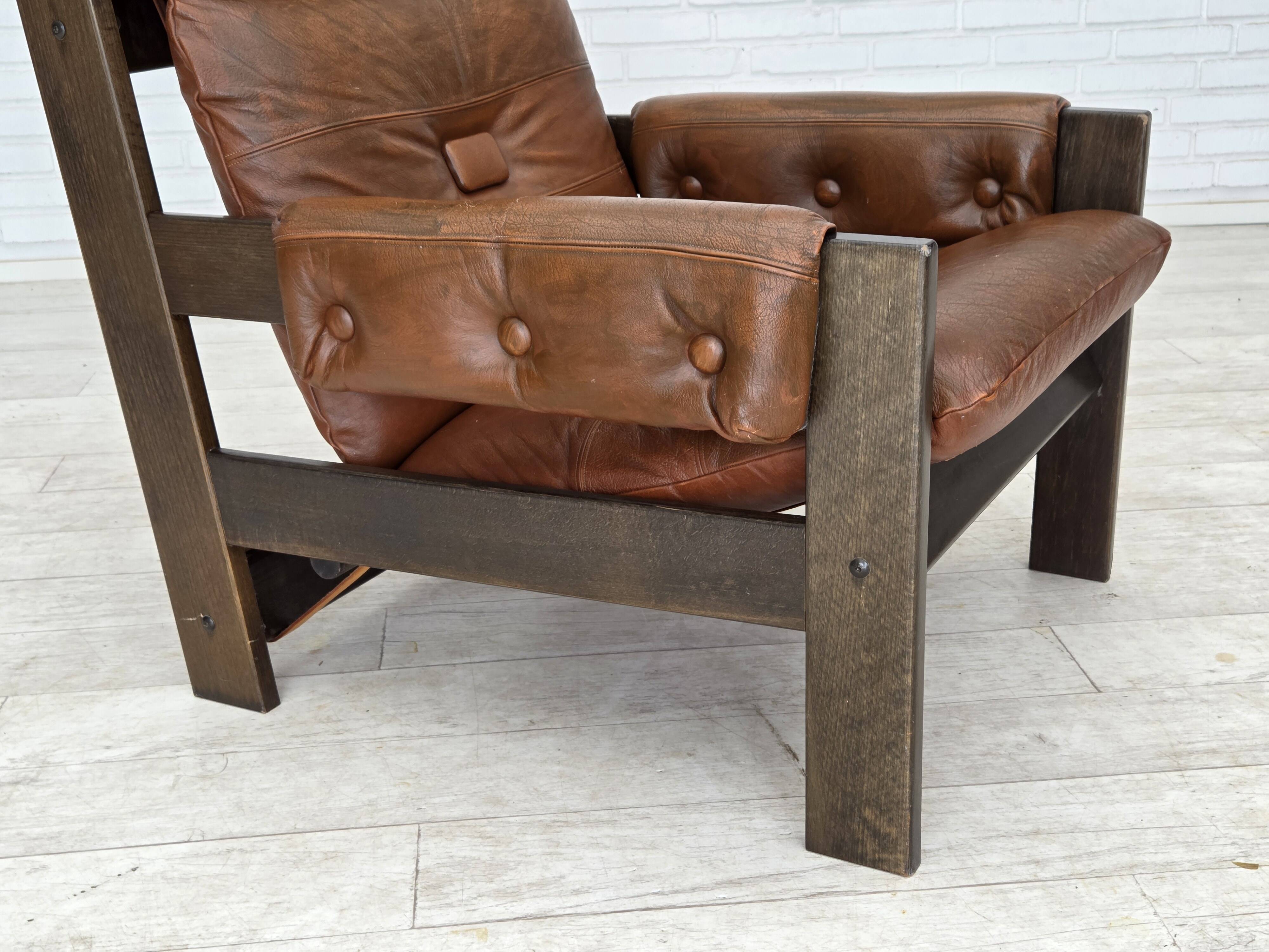 1970s, Scandinavian armchair, furniture leather, canvas, oak wood.