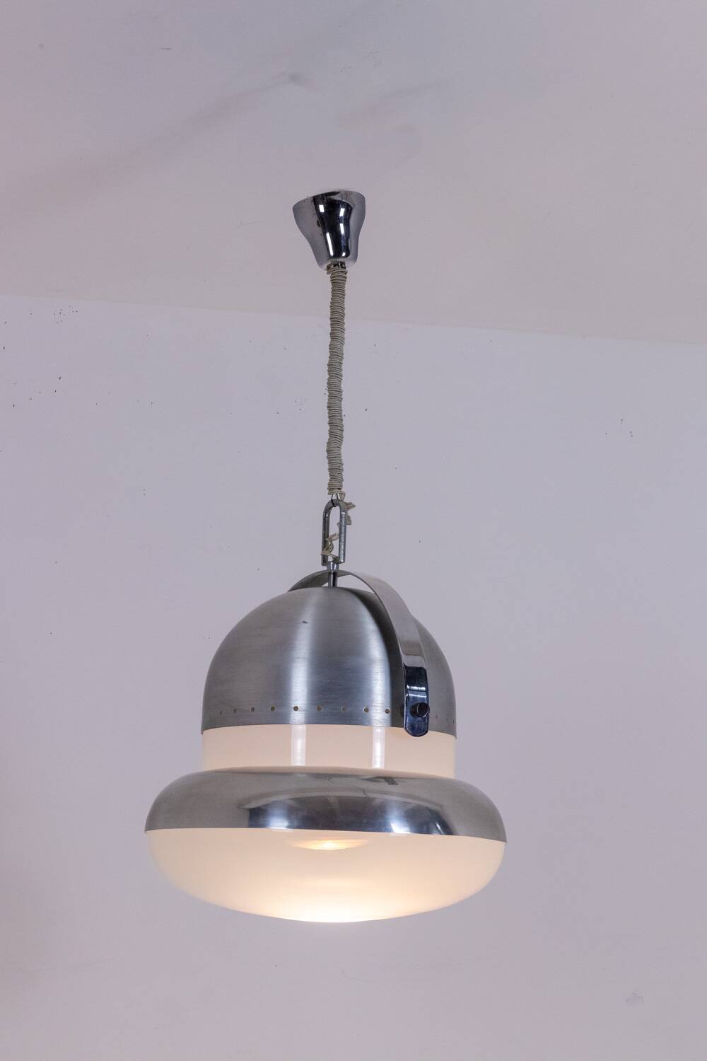 Industrial style suspension in brushed metal and opaline. 1970s.