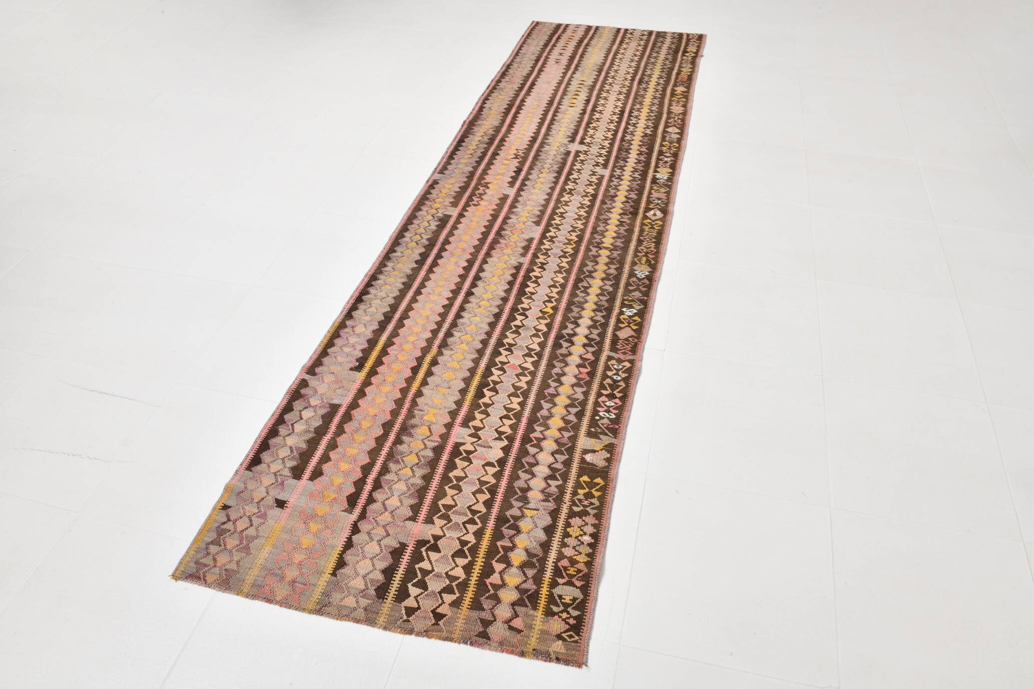 3x10 Pink & Brown Tribal Kilim Runner Rug, 88x313Cm