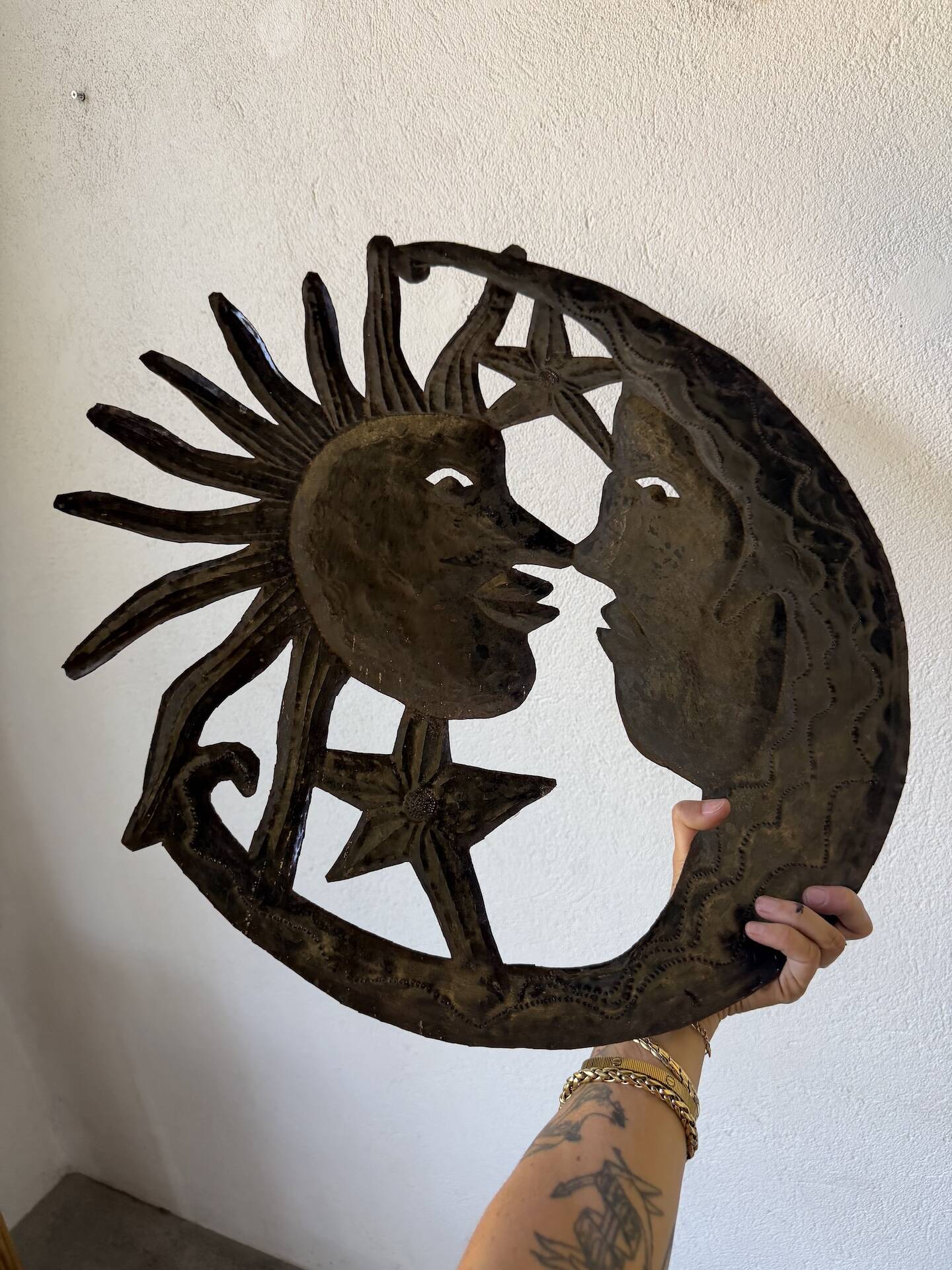 Brutalist metal wall sculpture "sun-moon"