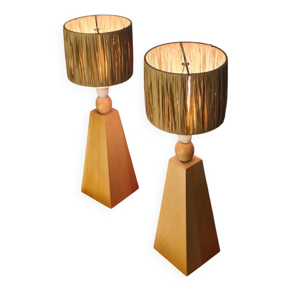 2 lampes style scandinave de chevet bois massif et abat jour raffia 40