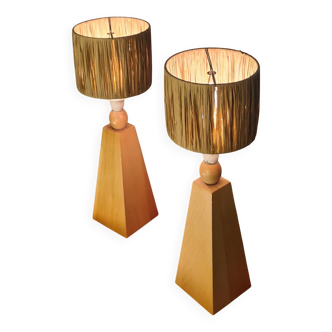 2 Scandinavian style bedside lamps in solid wood and raffia shade 40