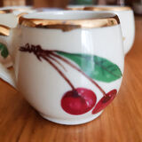 5 antique cups with liquor, porcelain fruits