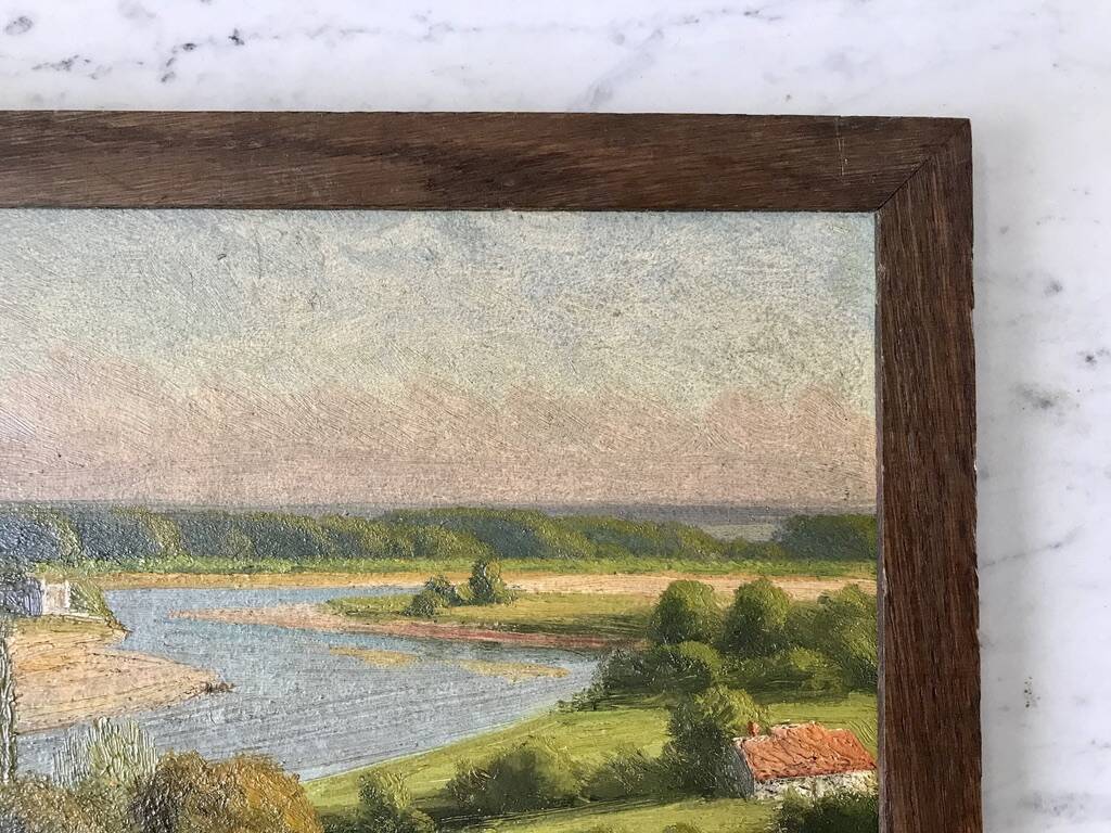 Oil painting on cardboard landscape river signed 1941