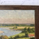 Oil painting on cardboard landscape river signed 1941