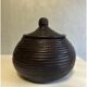 Dark purple wicker and leather round basket
