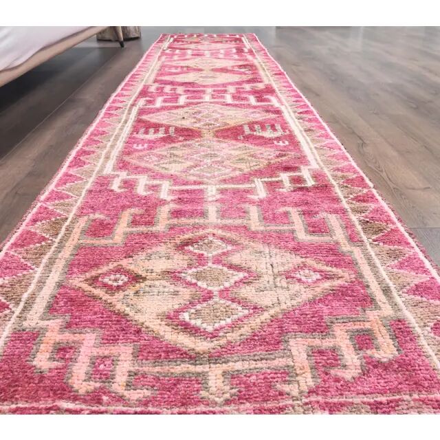 Vintage Pink Geometric Turkish Hand-Knotted Runner 80x361