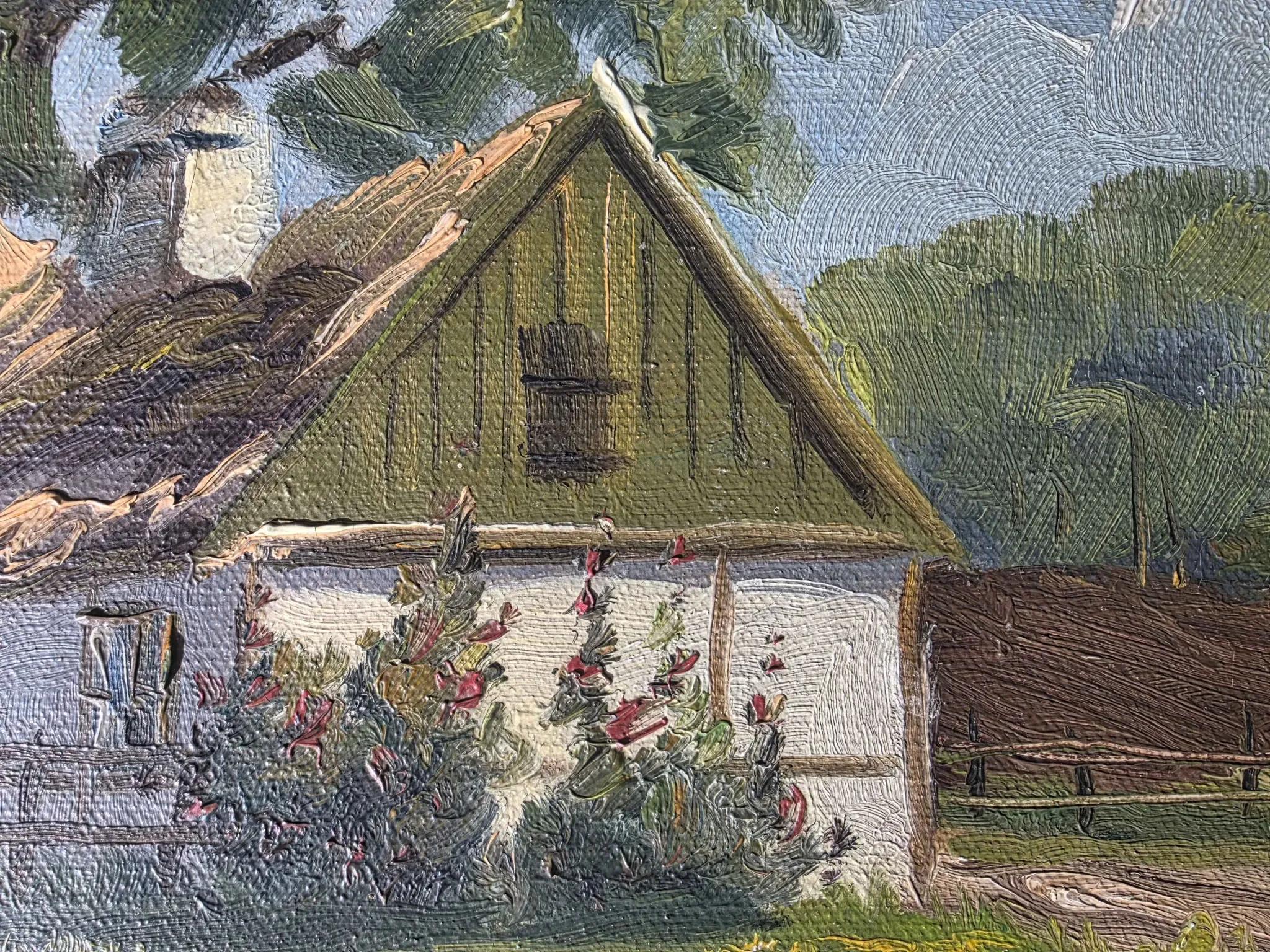 Vintage Farmhouse Landscape Oil Painting