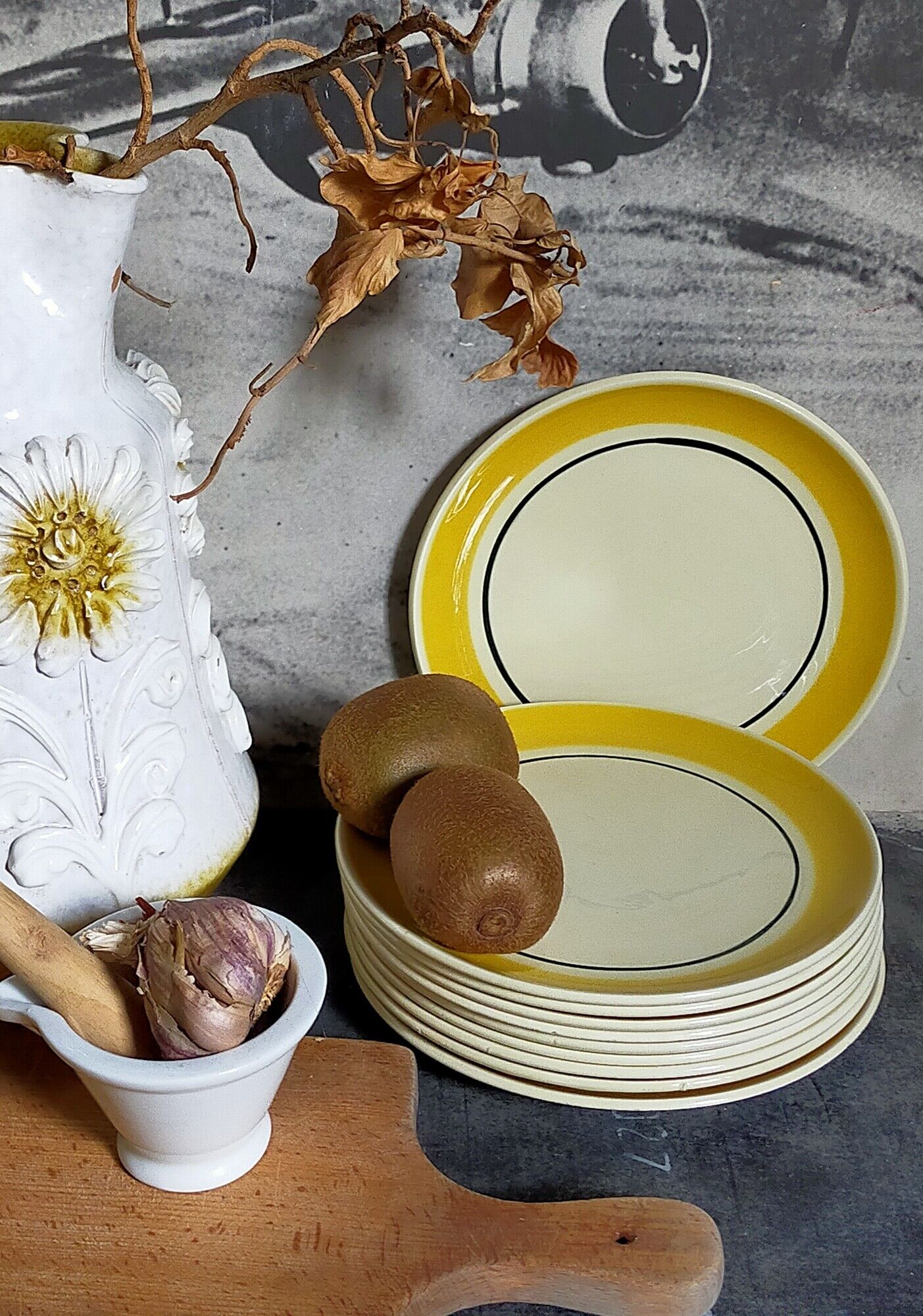 Ten dessert plates faience from gien creation primefleur, vintage "caroline" service