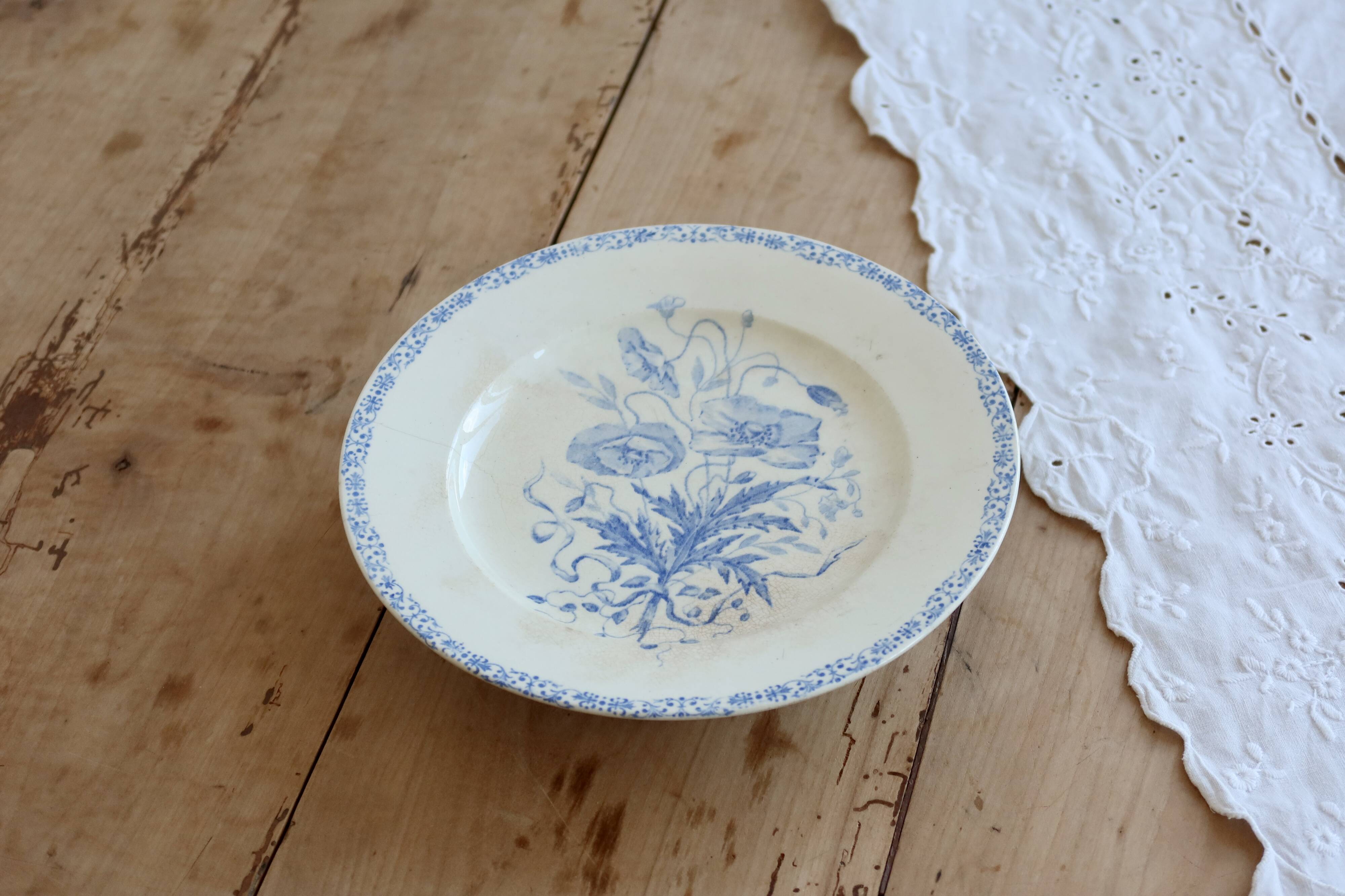 Antique compote dish, ironstone, Jules Vieillard, Bordeaux, blue poppy.