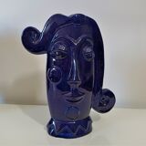 Vase face glazed earthenware blue design XXe Sandra Corina Paris