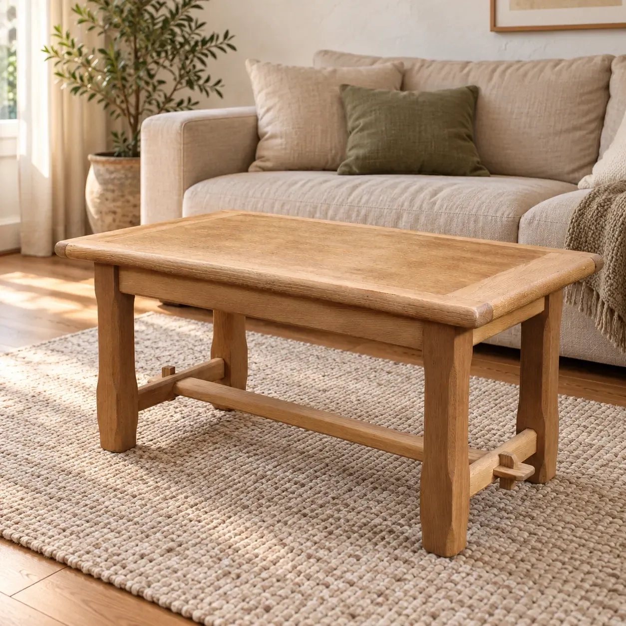 Natural wood farmhouse coffee table – country style, dowel stretcher – 99 cm