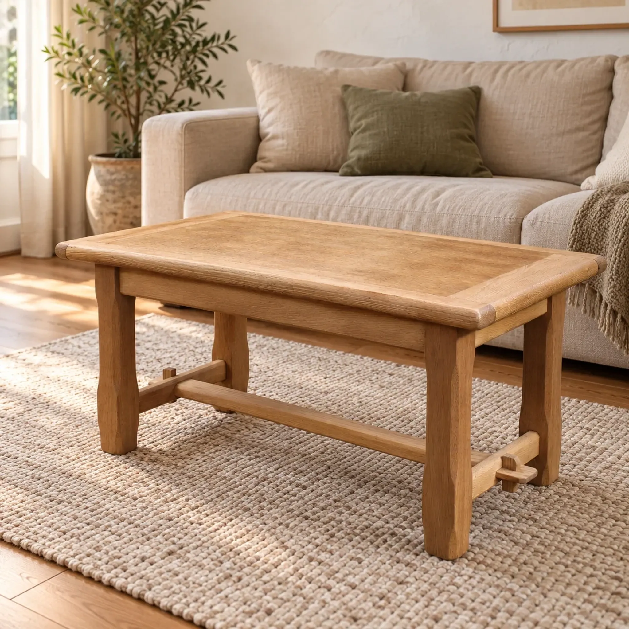 Table basse de ferme en bois naturel – style campagne, entretoise à clavettes – 99 cm