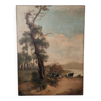 Grande peinture à l'huile sur toile 2 m x 1,50 m - paysage animé - Charles Louis Verboeckhoven