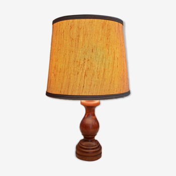 Table lamp wooden foot, lampshade linen fabric natural color, retro chic, mid century