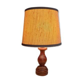 Table lamp wooden foot, lampshade linen fabric natural color, retro chic, mid century