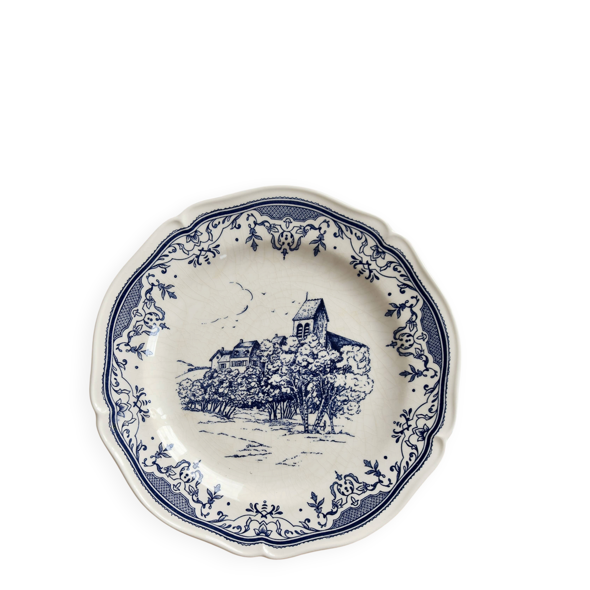 Assiette plate vintage faïence de Gien – Décor bleu romantique