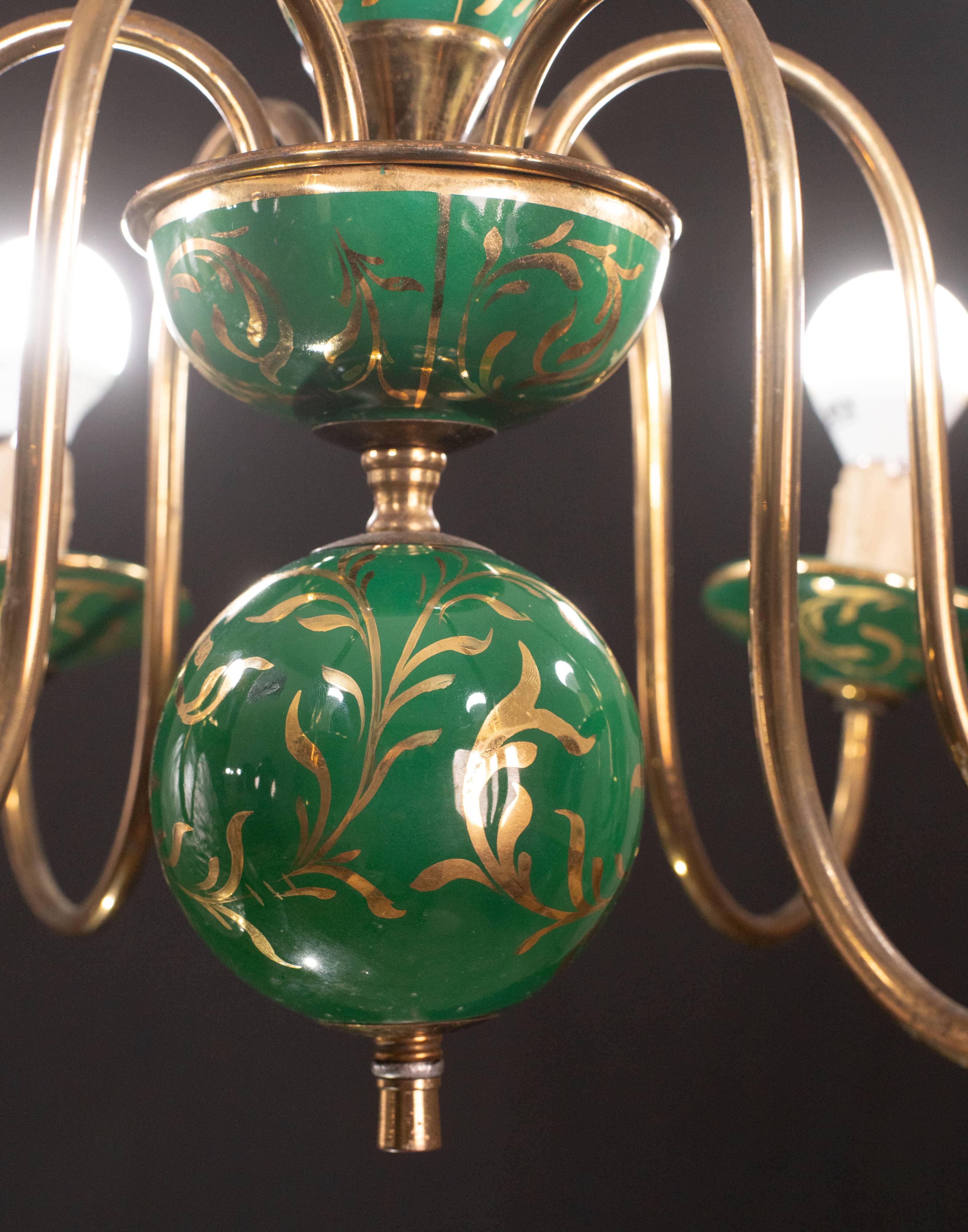 Art Deco Brass and Painted Terracotta Chandelier, 1950s