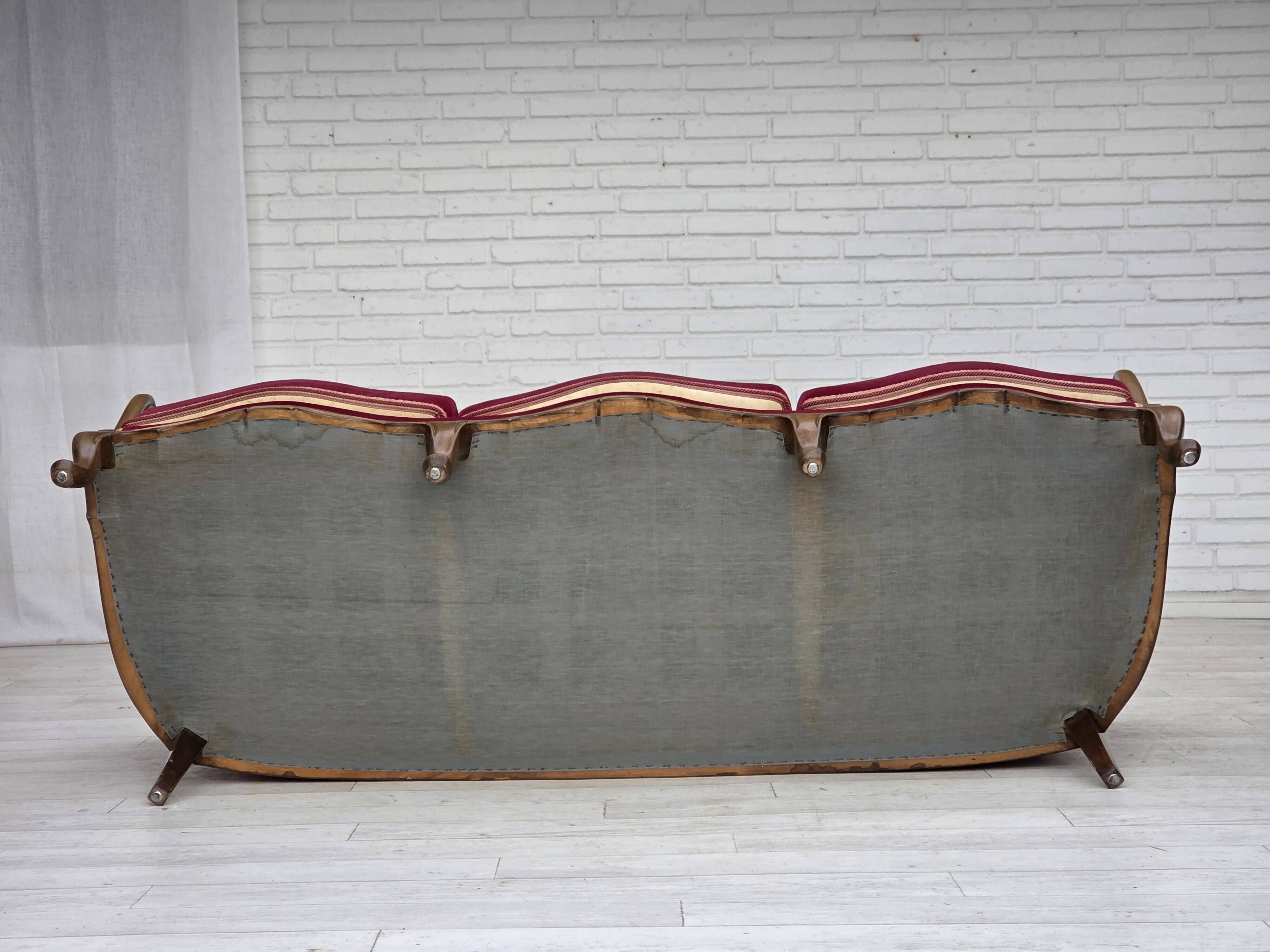 1950s, Danish 3-seater sofa, furniture velour, ash wood, mesh.