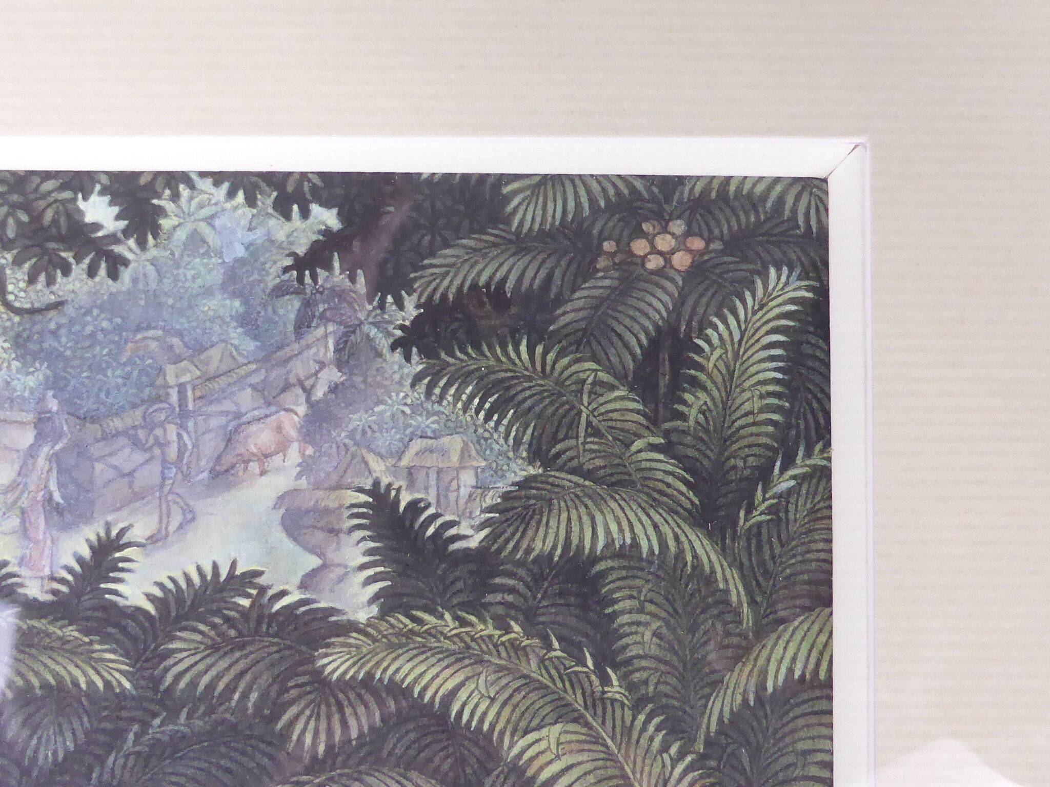 Peinture sur papier scène de village dans forêt indonésienne signée et encadrée