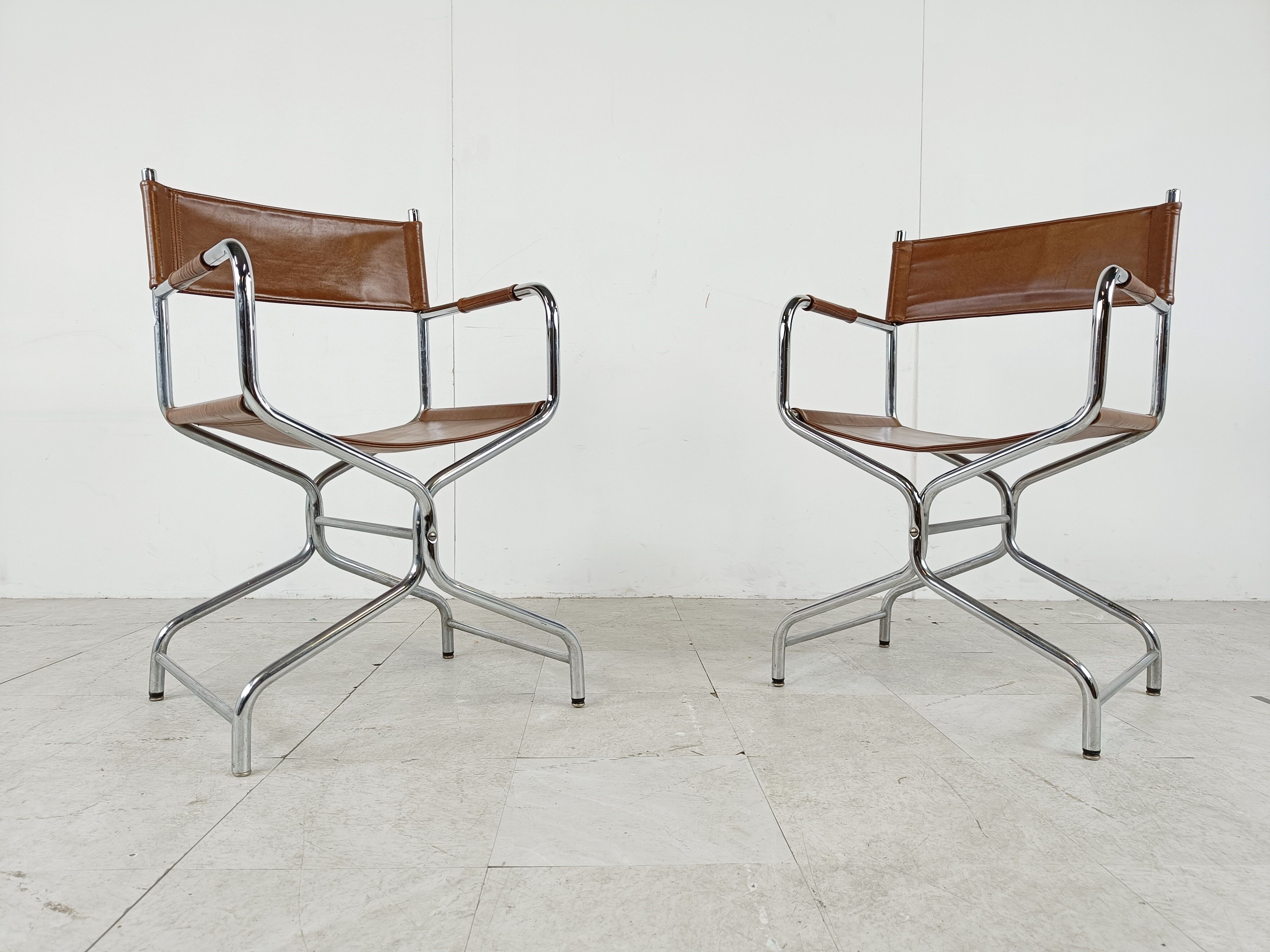 Vintage leather folding chairs set of 2, 1970s