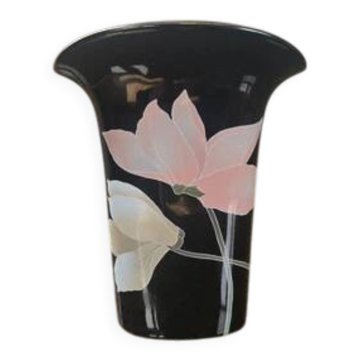 Vase vintage Yamaji en porcelaine noire et fleurs pastels - Japon années 80
