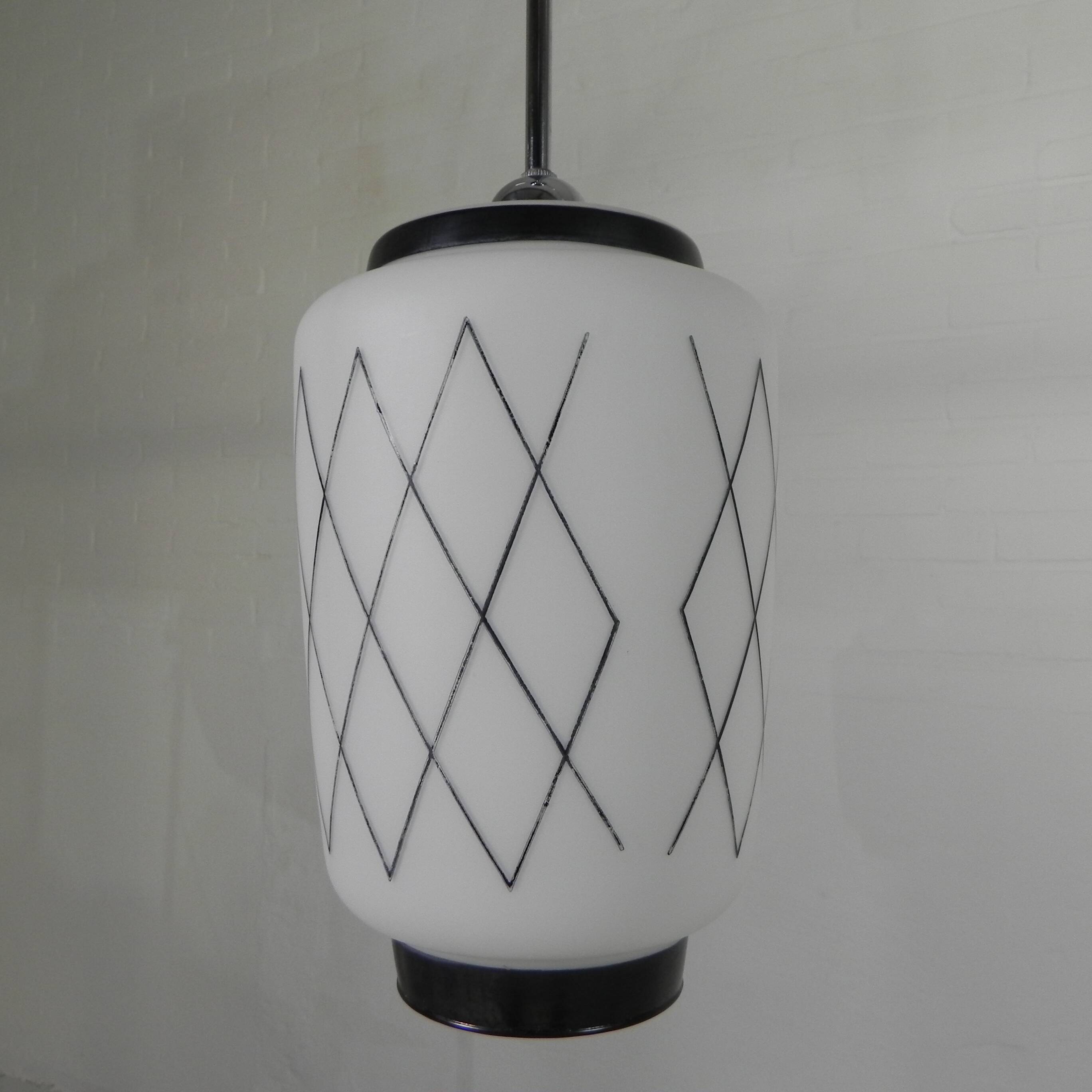 Vintage suspension with opaline lampshade and black decoration, 1950s.